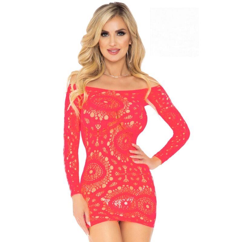 CROCHET LACE LONG SLEEVE MINI DRESS RED ONE SIZE