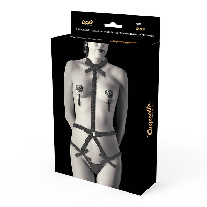 ELASTIC HARNESS SET AND NIPPLE COVERS BLACK