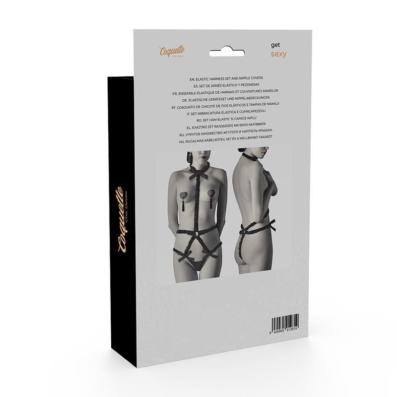 ELASTIC HARNESS SET AND NIPPLE COVERS BLACK